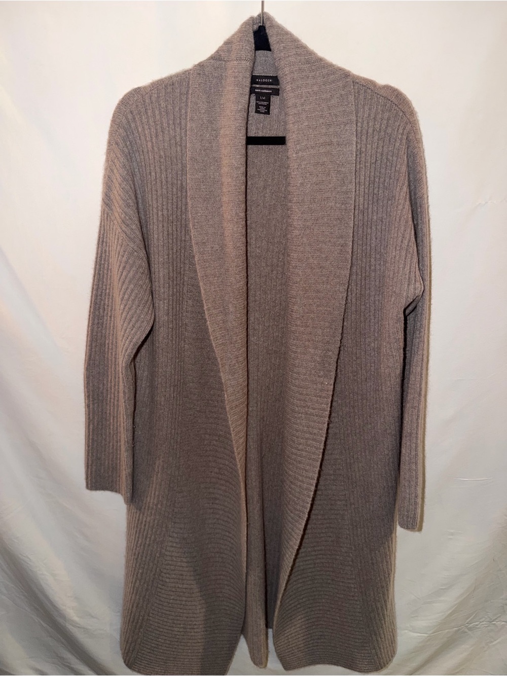 Halogen Taupe Open-Front Ribbed Long Cardigan